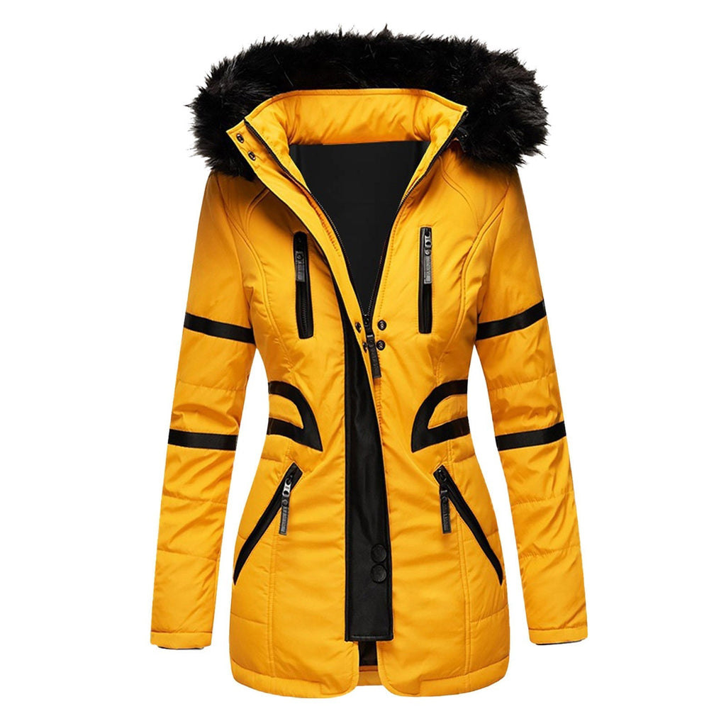Women's hooded winter jacket with zip front and multiple pockets