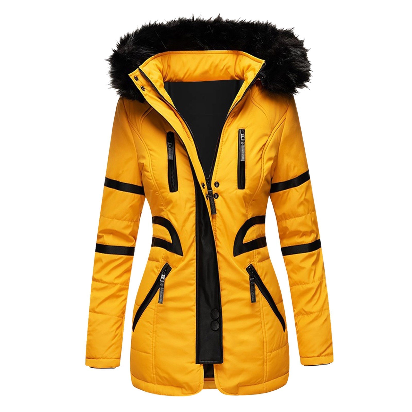 Women's hooded winter jacket with zip front and multiple pockets