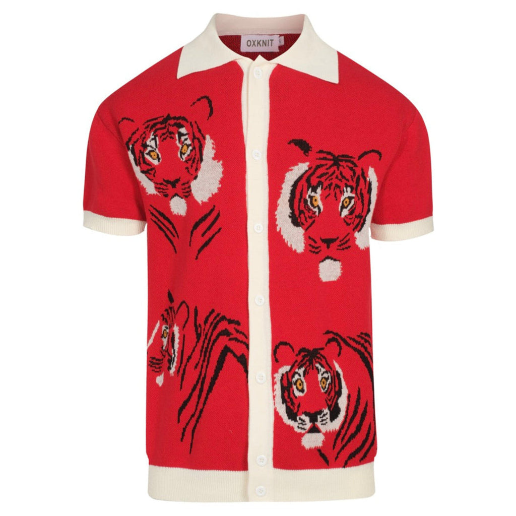 Men's red short sleeve knit polo shirt with tiger graphics