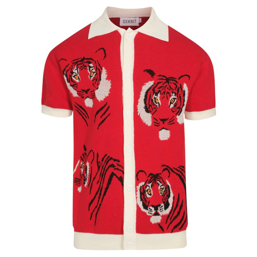 Men's red short sleeve knit polo shirt with tiger graphics