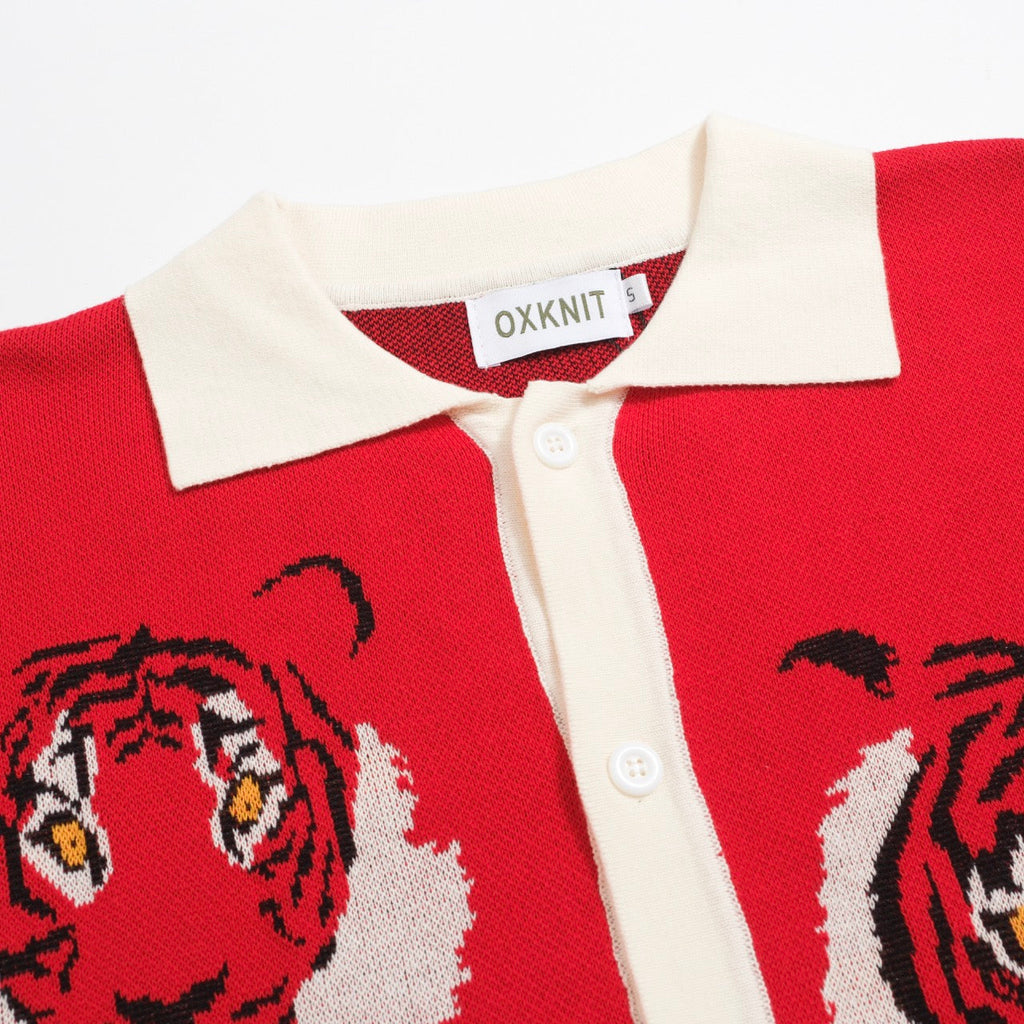 Men's red short sleeve knit polo shirt with tiger graphics