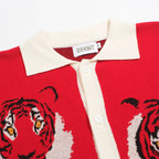 Men's red short sleeve knit polo shirt with tiger graphics