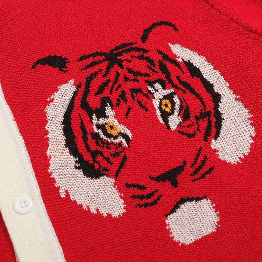 Men's red short sleeve knit polo shirt with tiger graphics