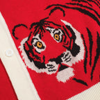 Men's red short sleeve knit polo shirt with tiger graphics