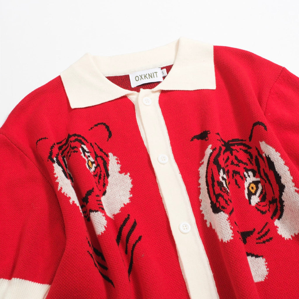 Men's red short sleeve knit polo shirt with tiger graphics