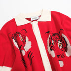 Men's red short sleeve knit polo shirt with tiger graphics