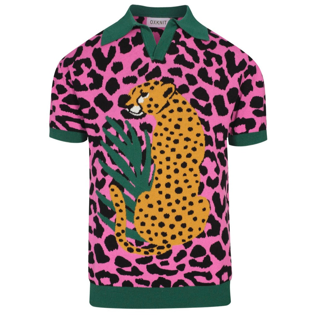 Men's pink leopard print polo shirt with cheetah and leaf graphic