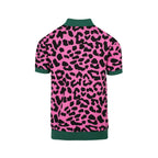Men's pink leopard print polo shirt with cheetah and leaf graphic