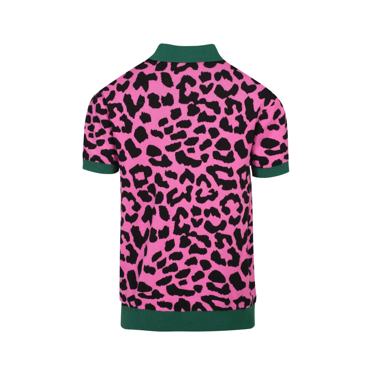 Men's pink leopard print polo shirt with cheetah and leaf graphic