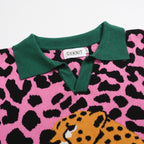 Men's pink leopard print polo shirt with cheetah and leaf graphic