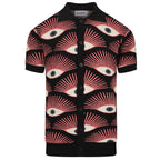 Men's black knitted polo shirt with repeated pink, cream and grey eye pattern