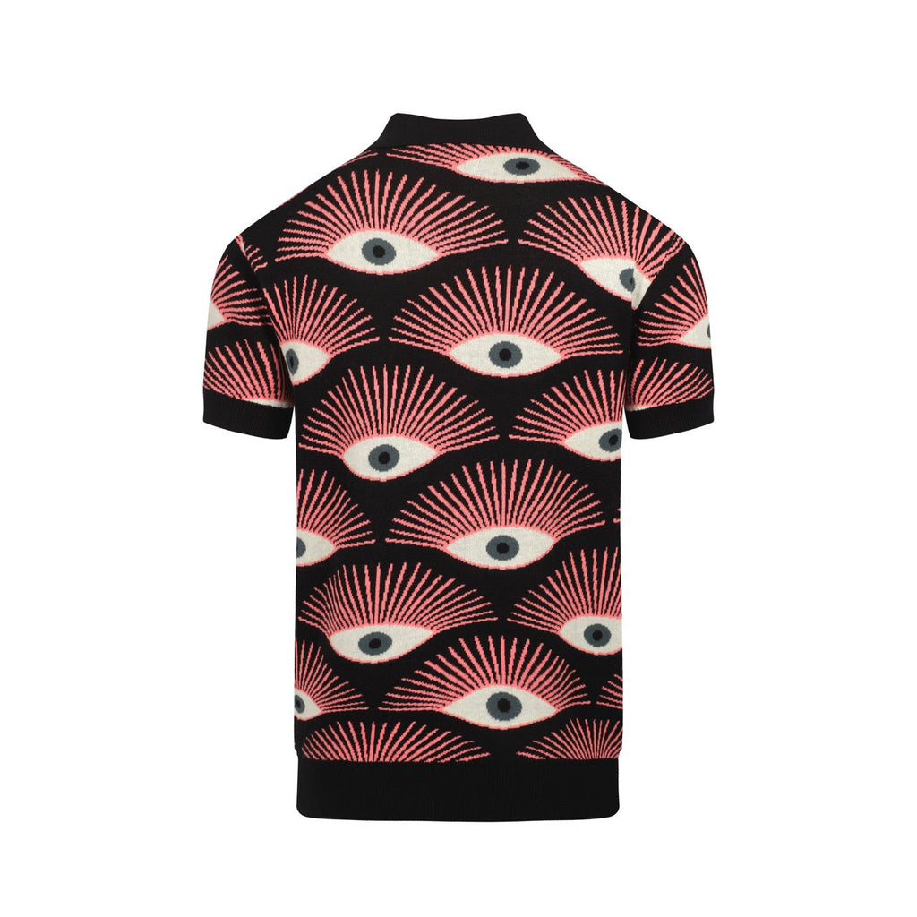 Men's black knitted polo shirt with repeated pink, cream and grey eye pattern