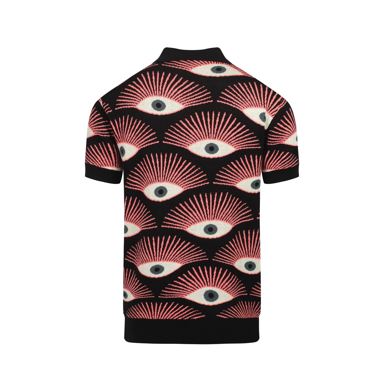 Men's black knitted polo shirt with repeated pink, cream and grey eye pattern
