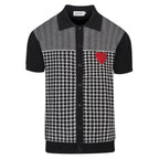 Men's black knitted polo cardigan with houndstooth pattern and red heart patch