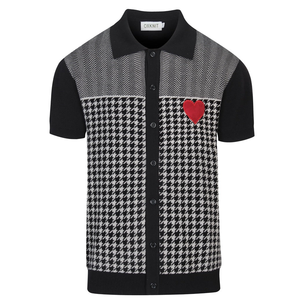 Men's black knitted polo cardigan with houndstooth pattern and red heart patch