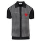 Men's black knitted polo cardigan with houndstooth pattern and red heart patch