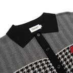Men's black knitted polo cardigan with houndstooth pattern and red heart patch