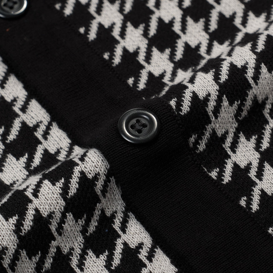 Men's black knitted polo cardigan with houndstooth pattern and red heart patch