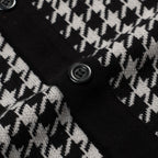Men's black knitted polo cardigan with houndstooth pattern and red heart patch