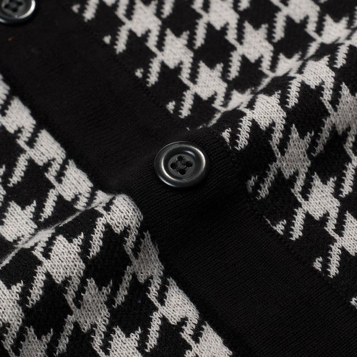 Men's black knitted polo cardigan with houndstooth pattern and red heart patch
