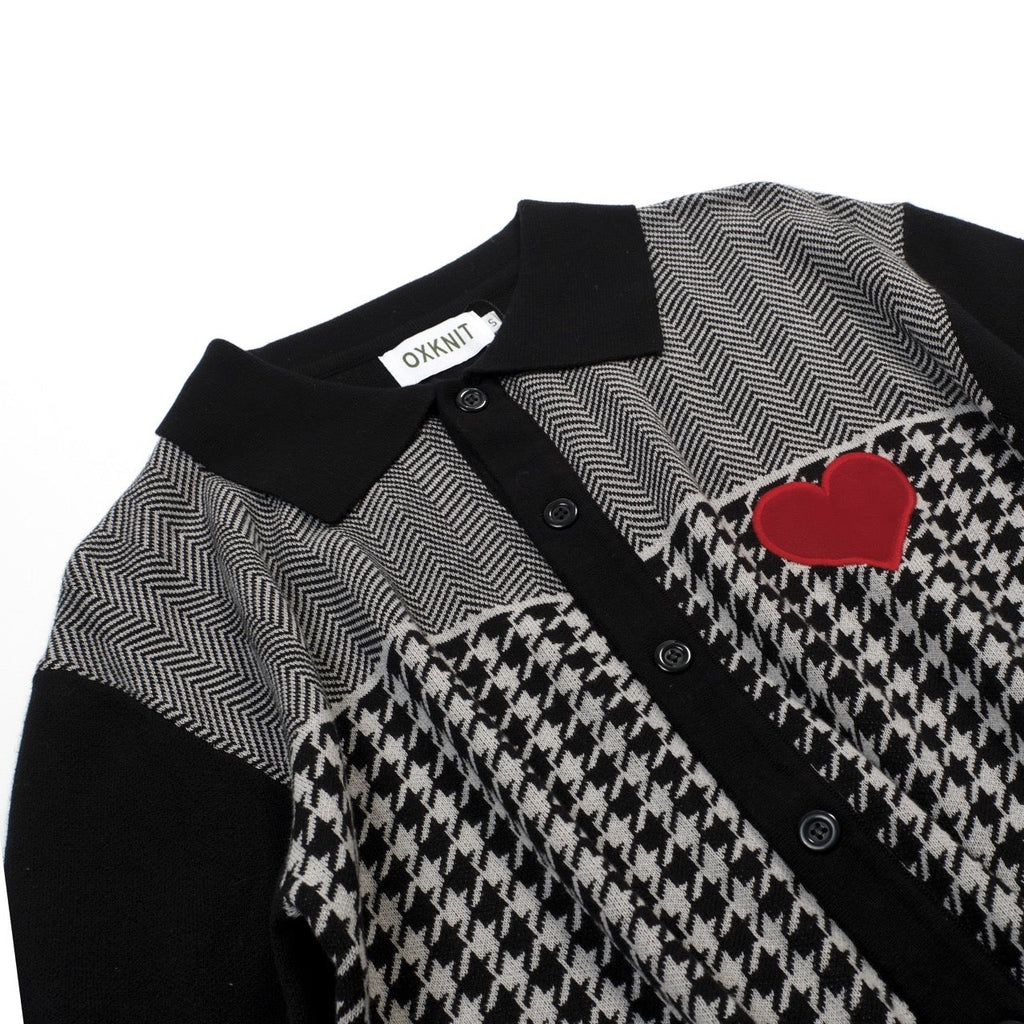 Men's black knitted polo cardigan with houndstooth pattern and red heart patch