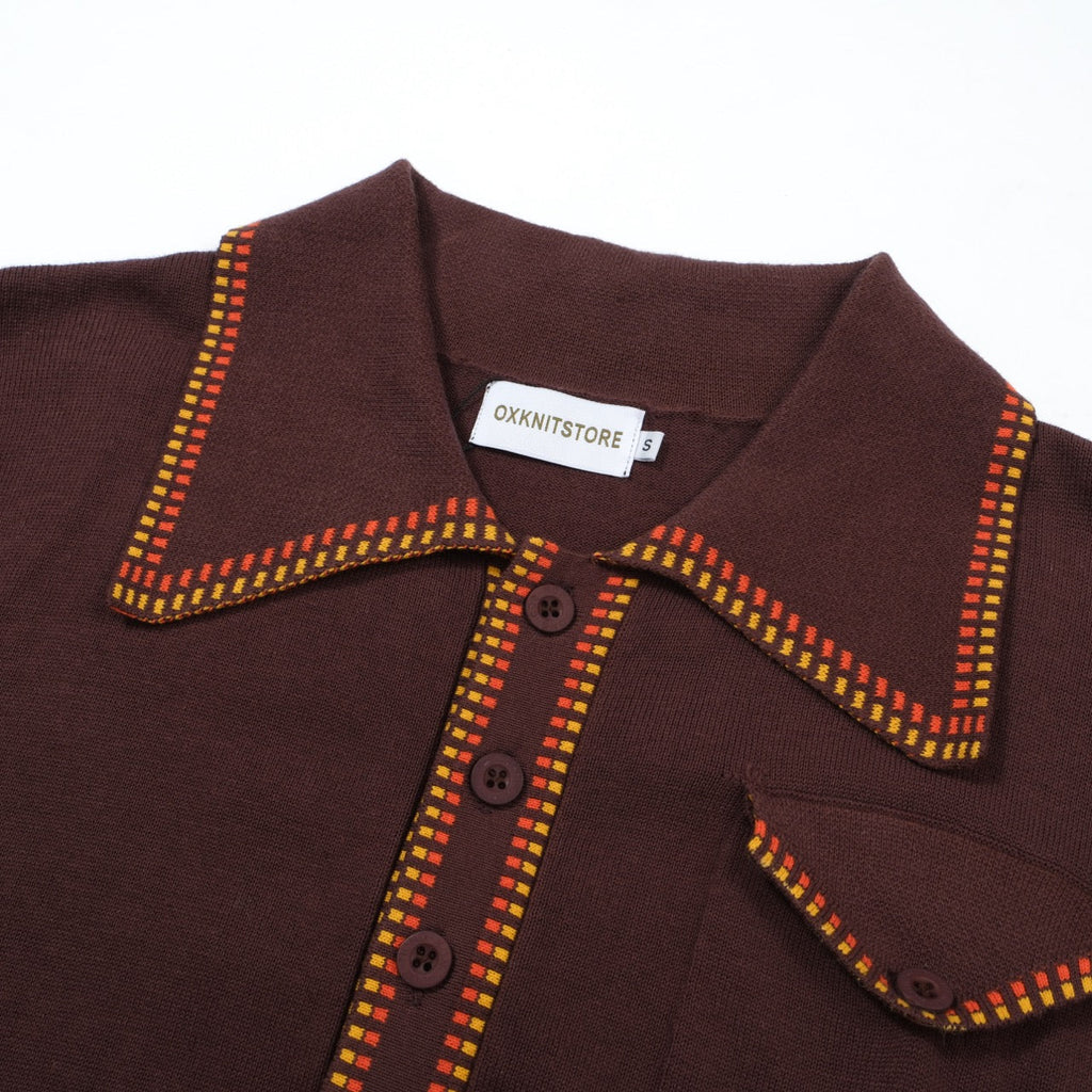Men's dark brown knit polo shirt with yellow and red geometric trim