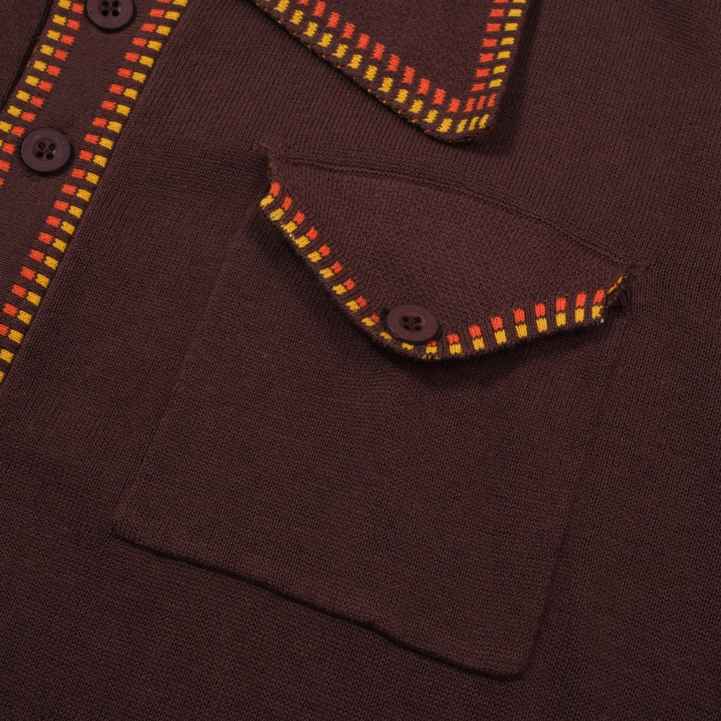 Men's dark brown knit polo shirt with yellow and red geometric trim