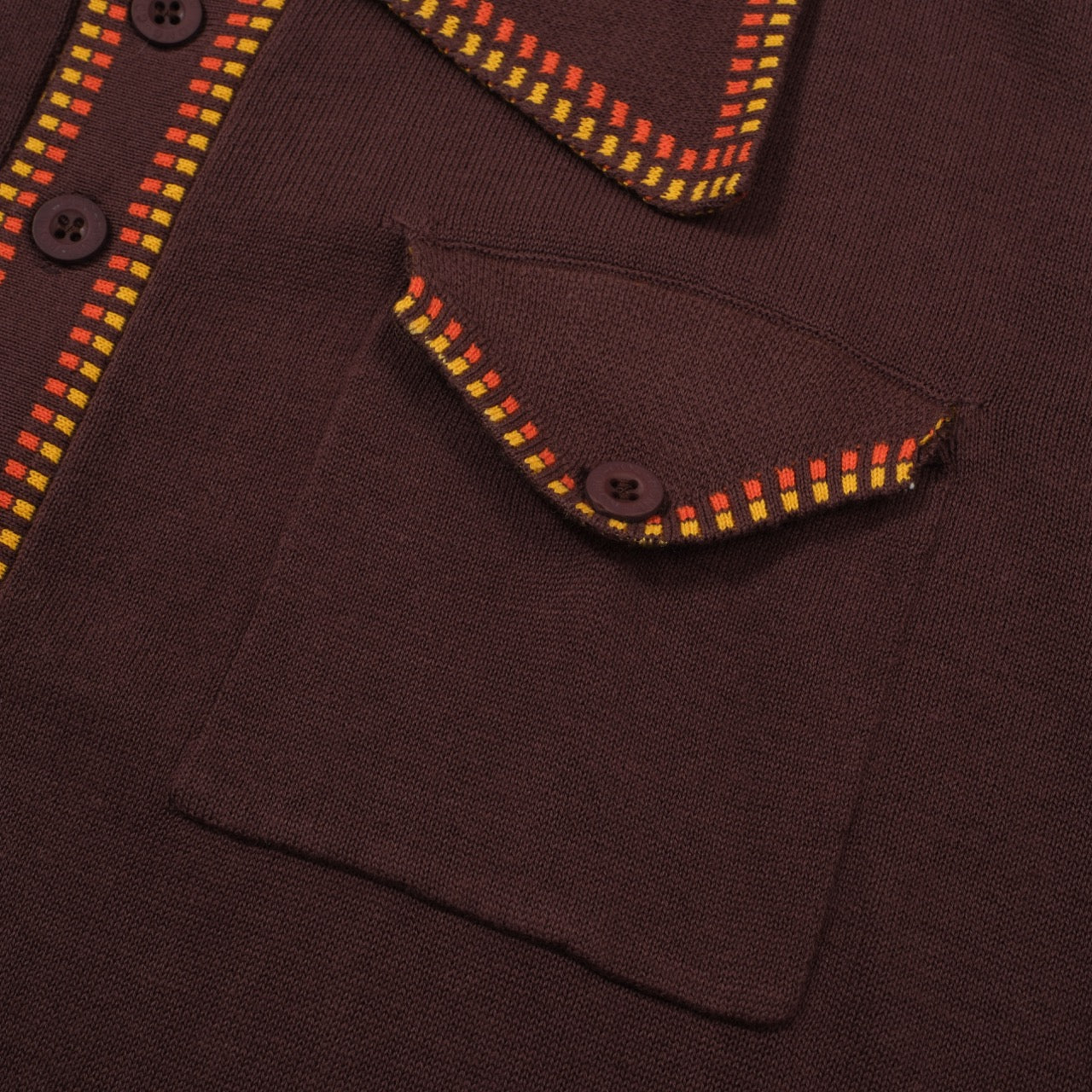 Men's dark brown knit polo shirt with yellow and red geometric trim