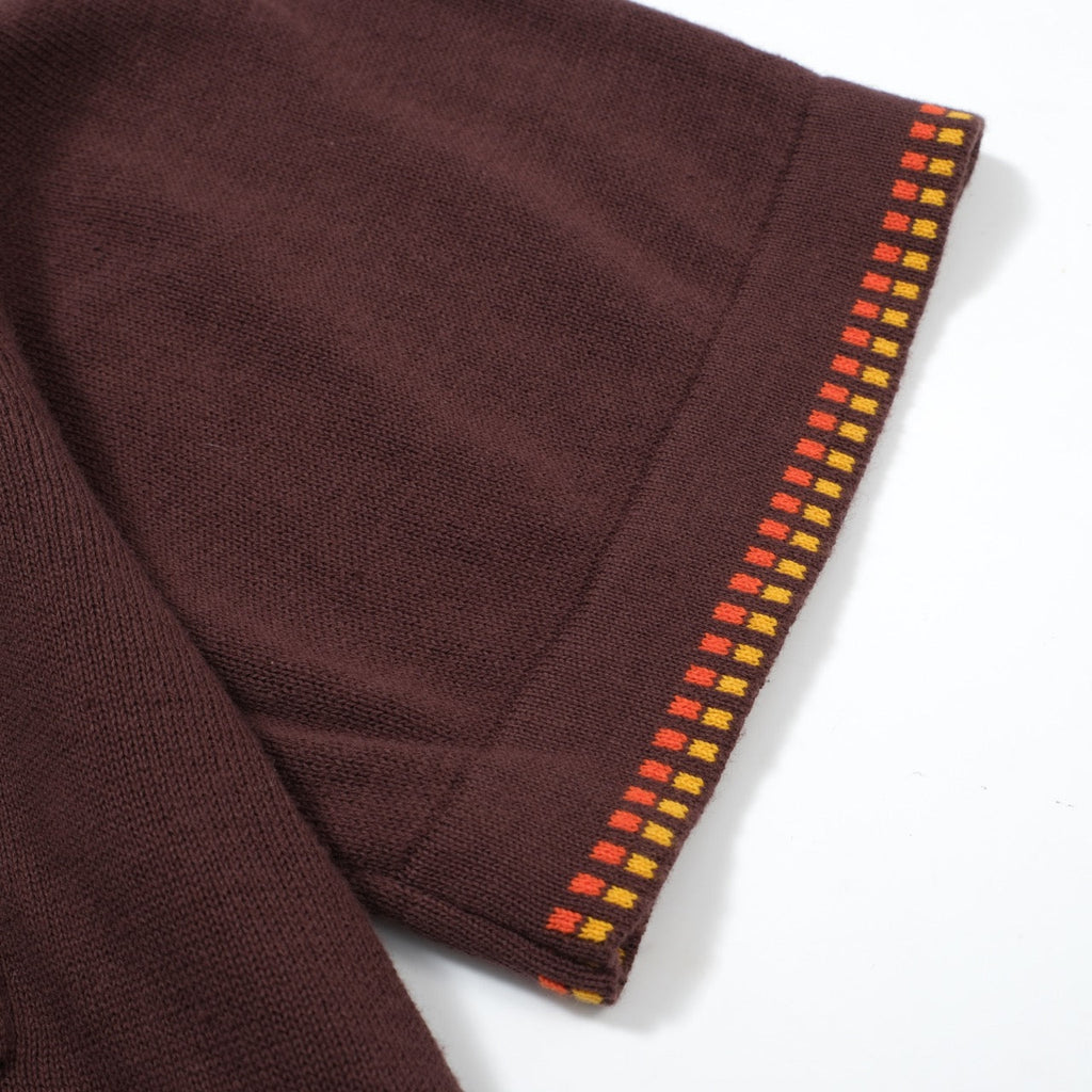 Men's dark brown knit polo shirt with yellow and red geometric trim
