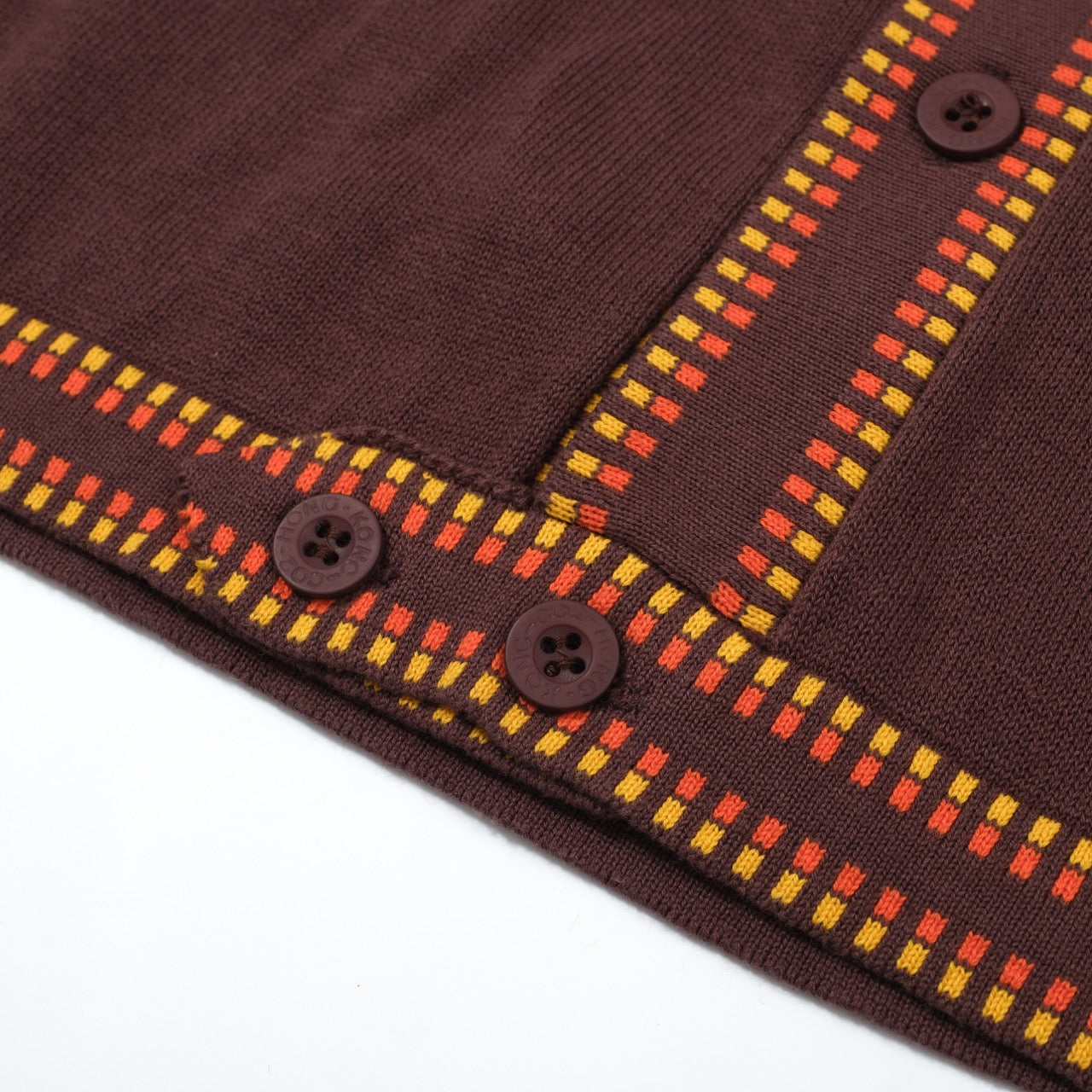 Men's dark brown knit polo shirt with yellow and red geometric trim