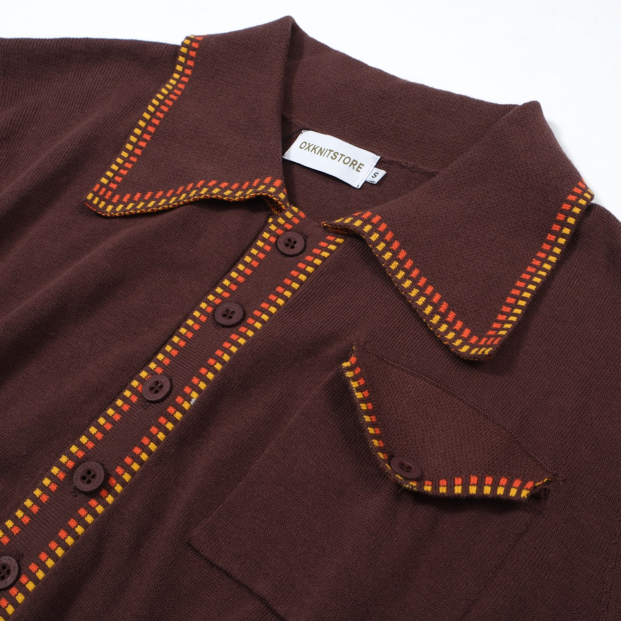 Men's dark brown knit polo shirt with yellow and red geometric trim