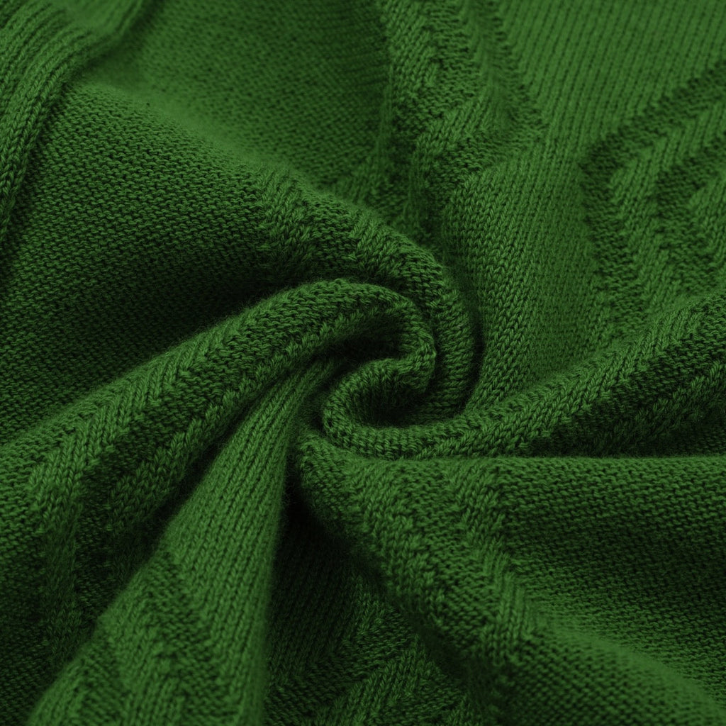 Men's green cable knit polo shirt with striped collar and short sleeves