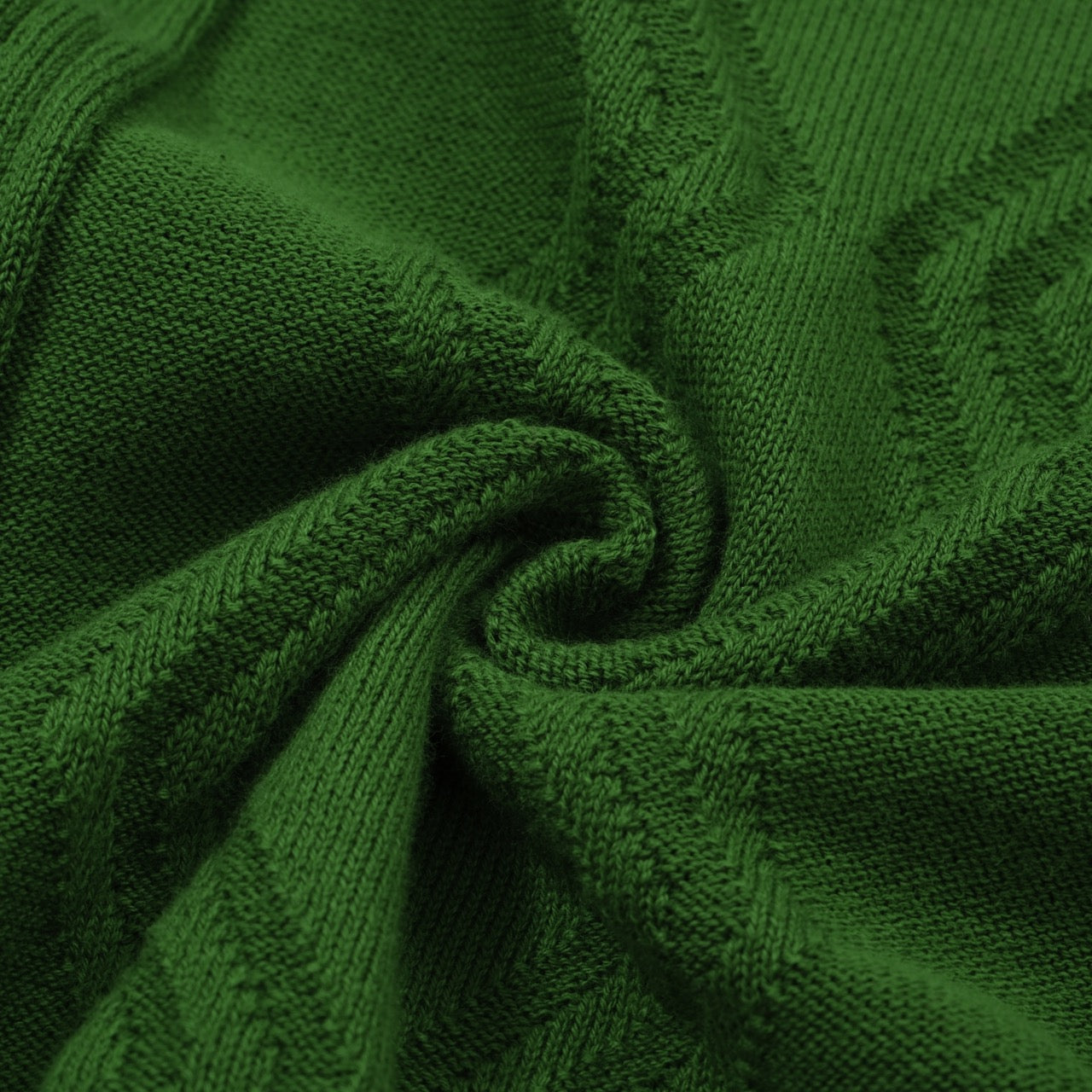 Men's green cable knit polo shirt with striped collar and short sleeves