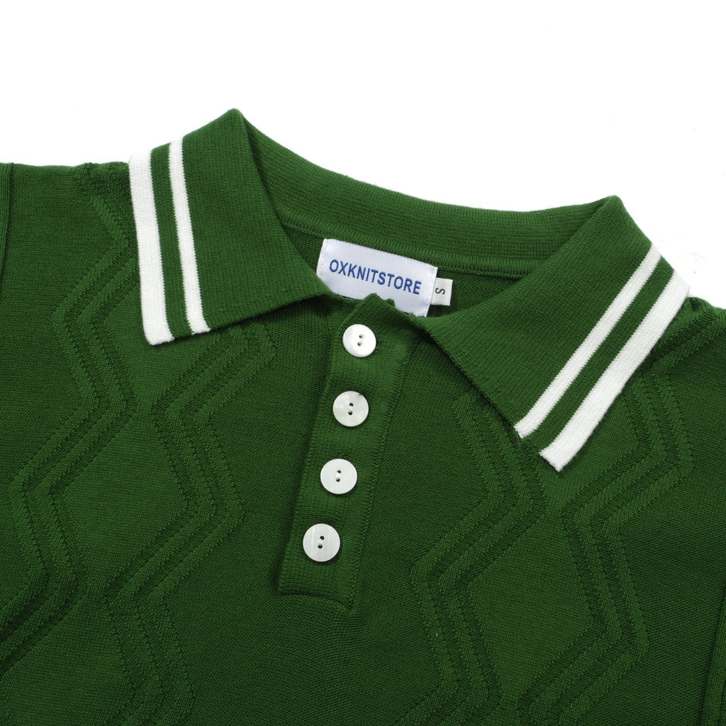 Men's green cable knit polo shirt with striped collar and short sleeves