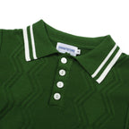 Men's green cable knit polo shirt with striped collar and short sleeves