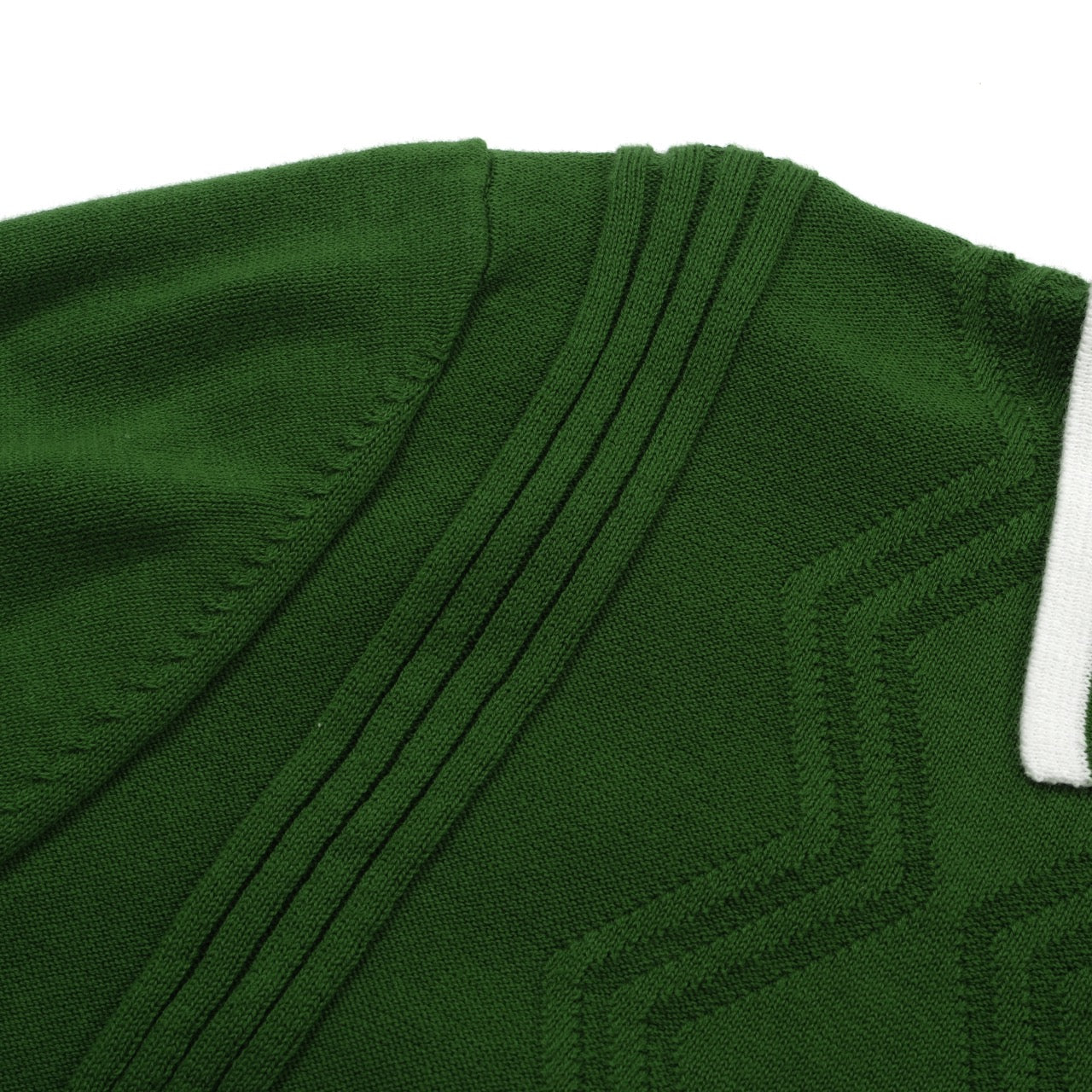 Men's green cable knit polo shirt with striped collar and short sleeves