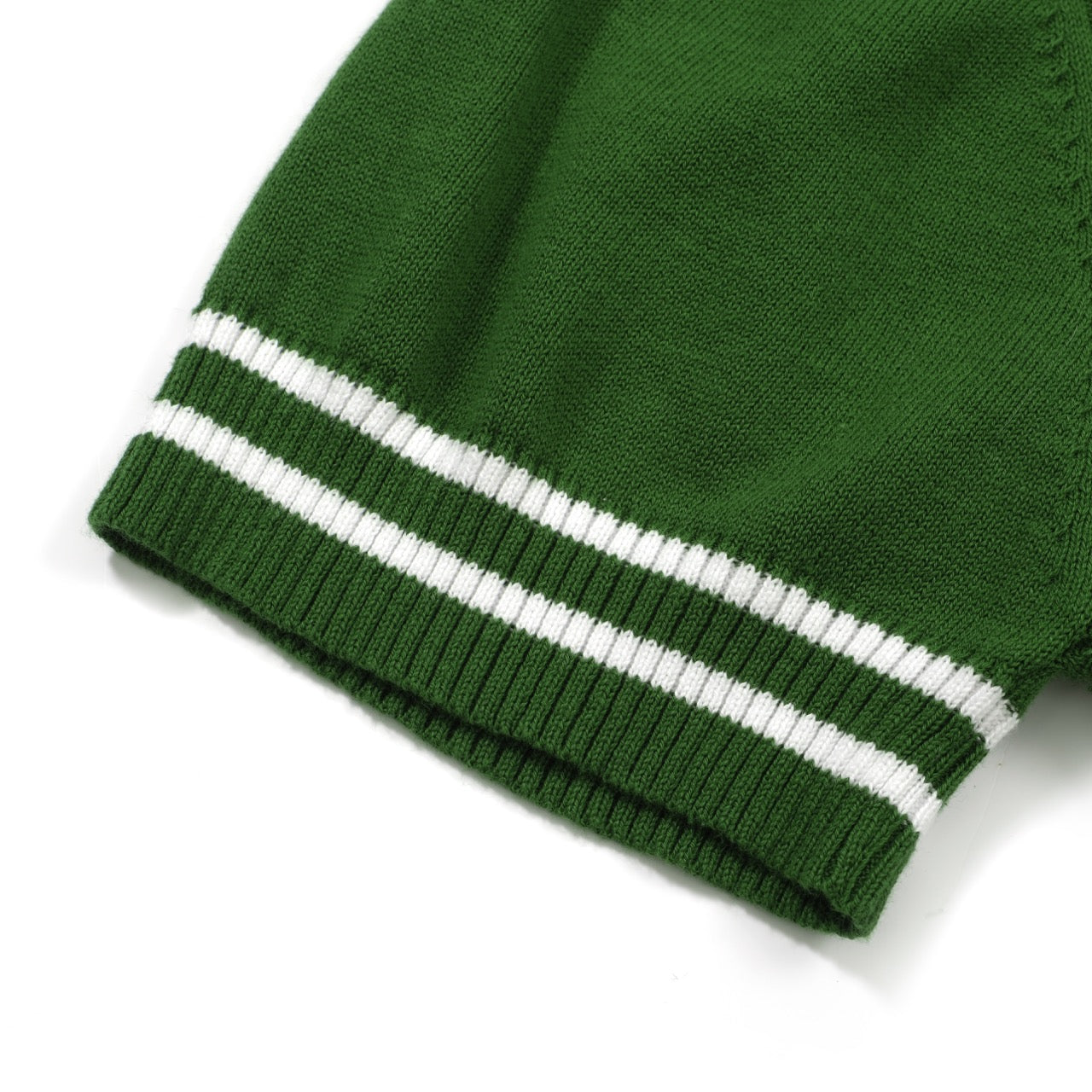 Men's green cable knit polo shirt with striped collar and short sleeves