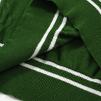 Men's green cable knit polo shirt with striped collar and short sleeves
