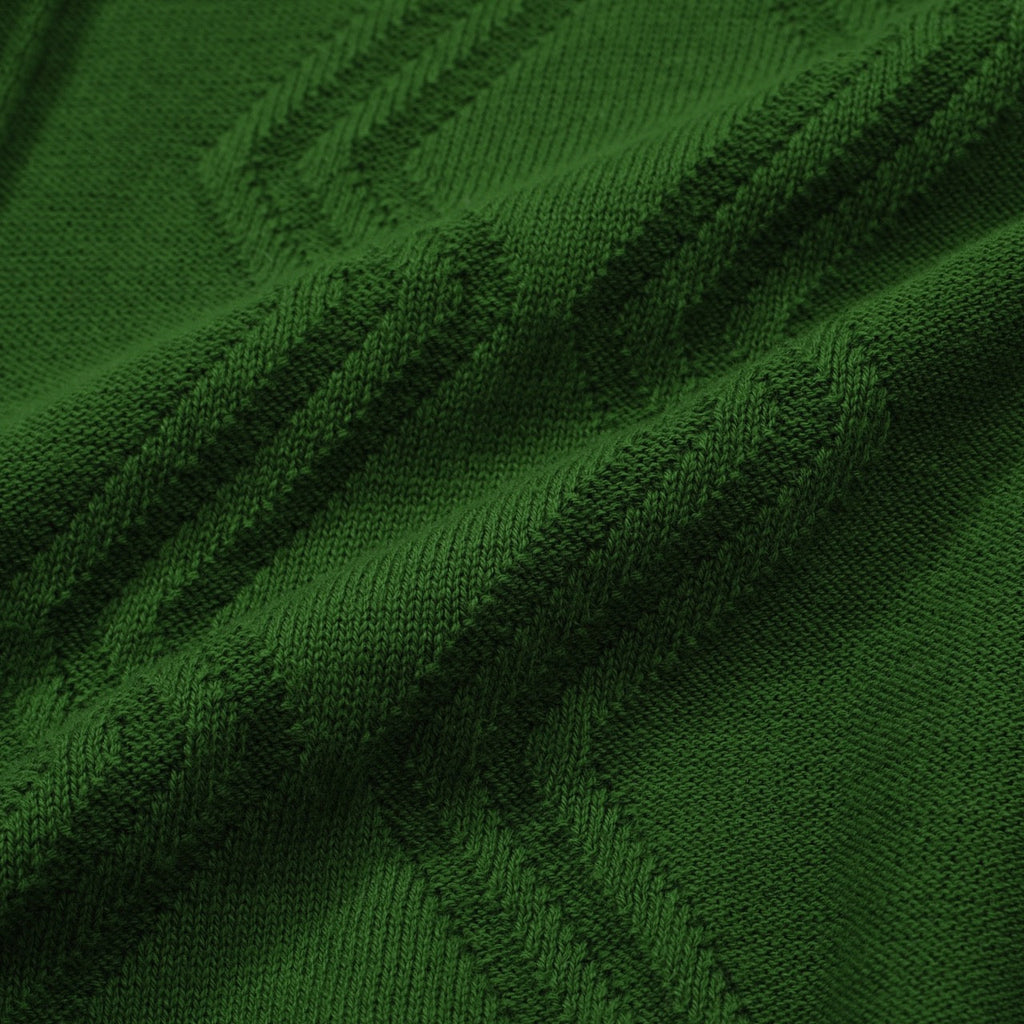 Men's green cable knit polo shirt with striped collar and short sleeves