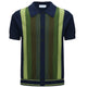 Men's green and navy vertically striped knit polo shirt
