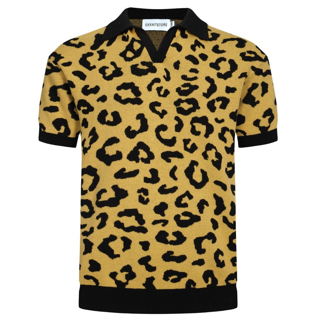 Men's yellow and black leopard print knit polo shirt with short sleeves