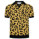 Men's yellow and black leopard print knit polo shirt with short sleeves