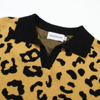 Men's yellow and black leopard print knit polo shirt with short sleeves