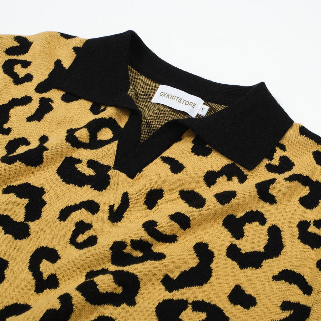 Men's yellow and black leopard print knit polo shirt with short sleeves