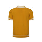 Yellow textured knit polo shirt with striped collar and short sleeves