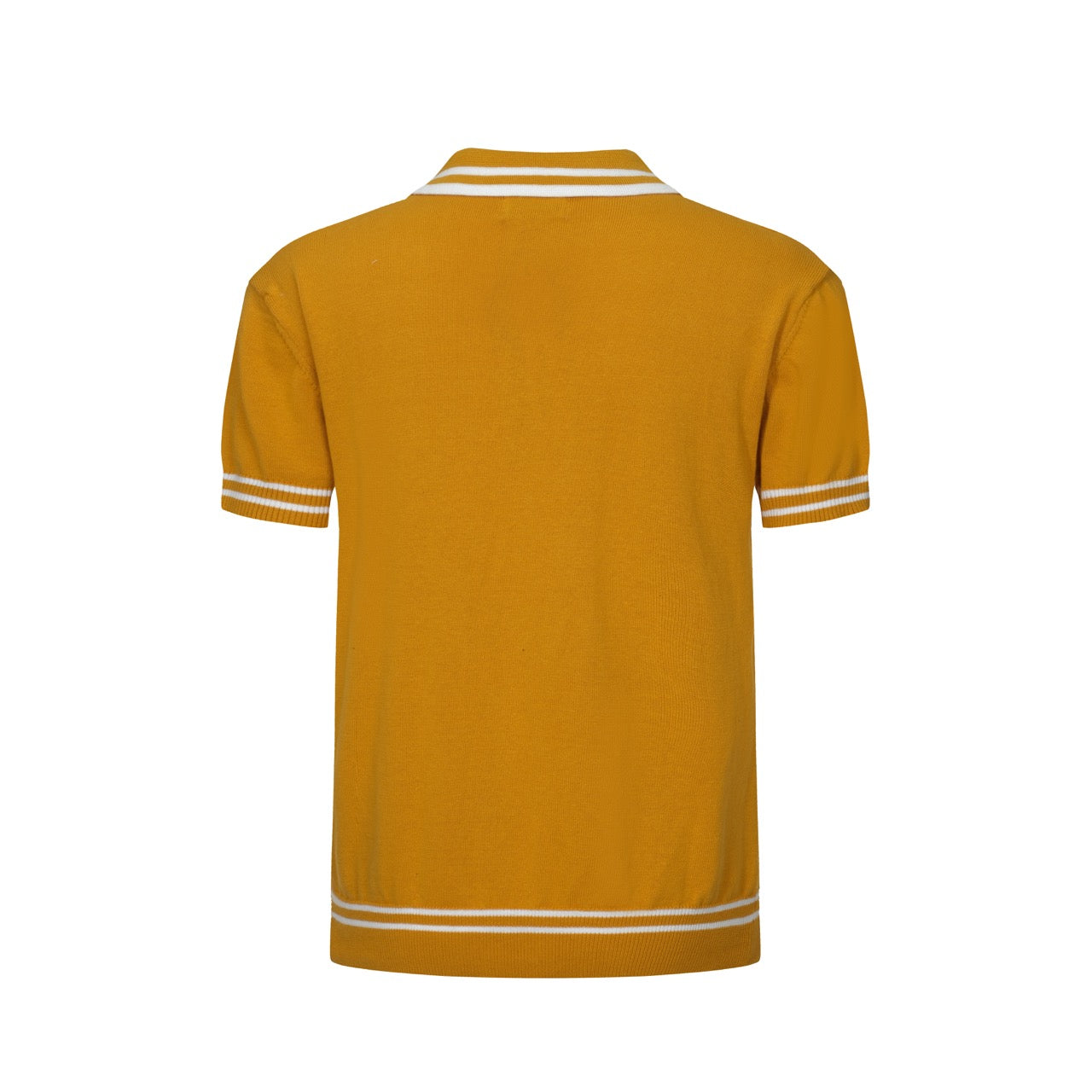 Yellow textured knit polo shirt with striped collar and short sleeves