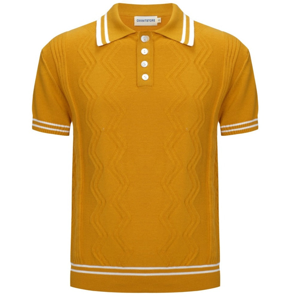 Yellow textured knit polo shirt with striped collar and short sleeves