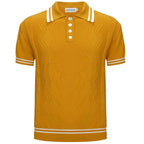 Yellow textured knit polo shirt with striped collar and short sleeves