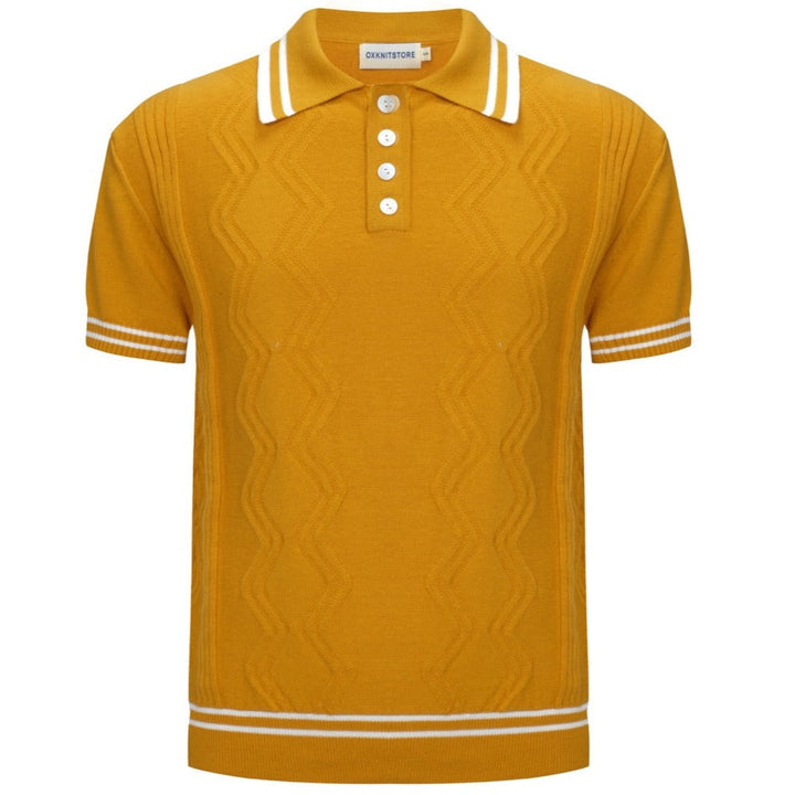 Yellow textured knit polo shirt with striped collar and short sleeves