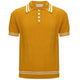 Yellow textured knit polo shirt with striped collar and short sleeves
